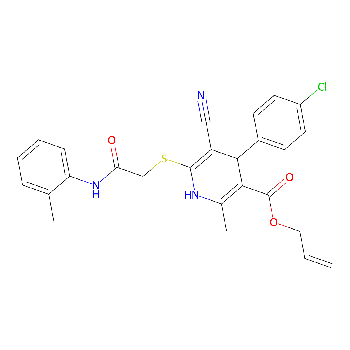 Allyl 4-(4-chlorophenyl)-5-cyano-2-methyl-6-((2-oxo-2-(o-tolylamino)ethyl)thio)-1,4-dihydropyridine-3-carboxylate molecular structure, CAS 442556-52-7