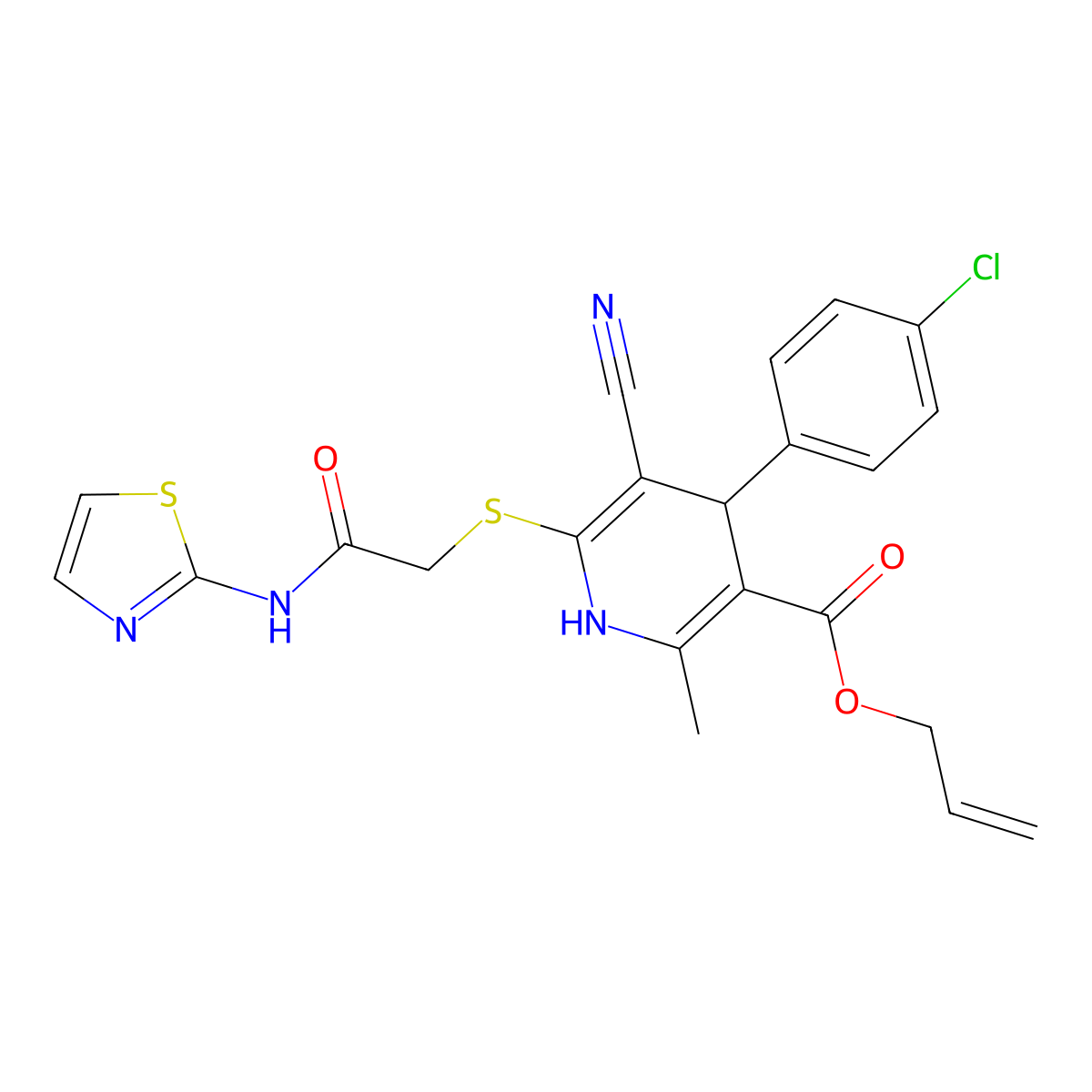 Allyl 4-(4-chlorophenyl)-5-cyano-2-methyl-6-((2-oxo-2-(thiazol-2-ylamino)ethyl)thio)-1,4-dihydropyridine-3-carboxylate molecular structure, CAS 442556-53-8