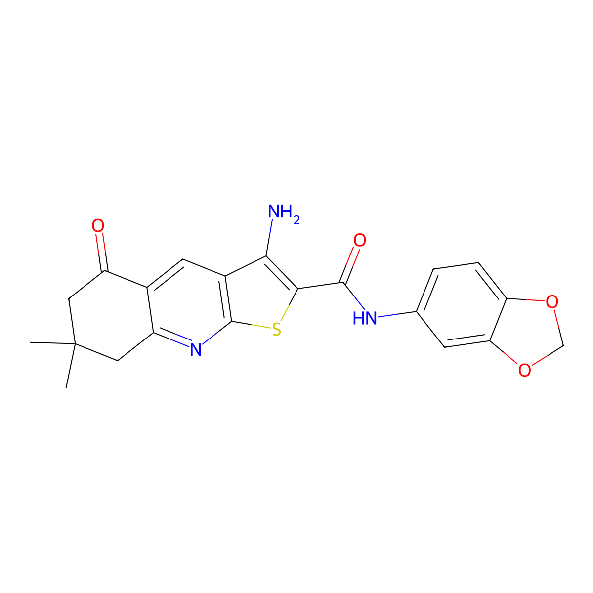 3-amino-N-(1,3-benzodioxol-5-yl)-7,7-dimethyl-5-oxo-6,8-dihydrothieno[2,3-b]quinoline-2-carboxamide molecular structure, CAS 442556-62-9