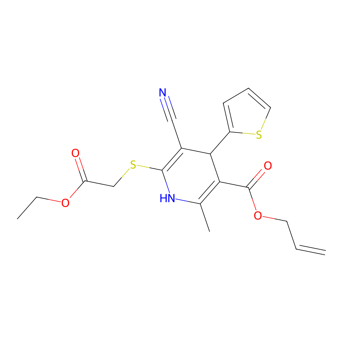 Allyl 5-cyano-6-((2-ethoxy-2-oxoethyl)thio)-2-methyl-4-(thiophen-2-yl)-1,4-dihydropyridine-3-carboxylate molecular structure, CAS 442556-69-6