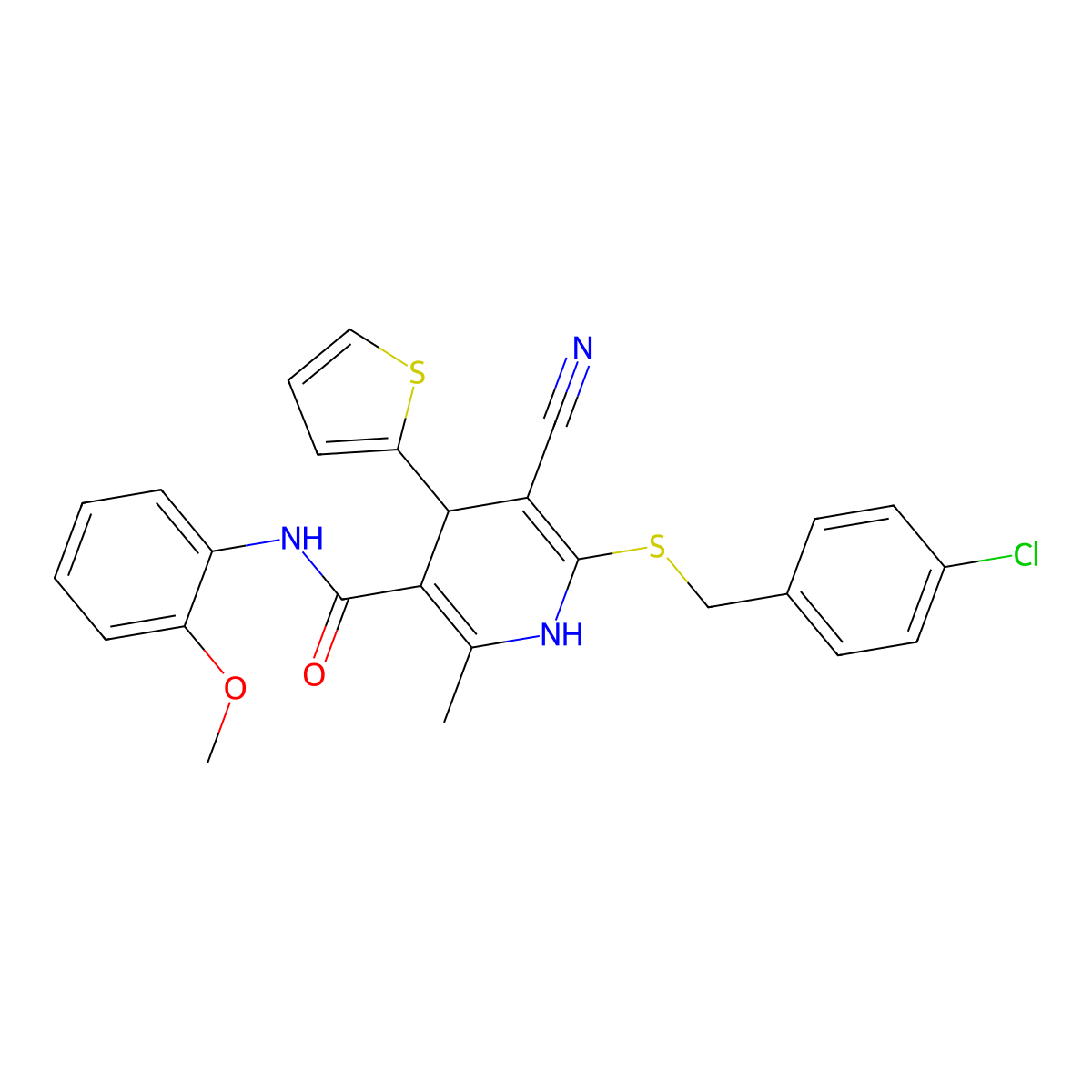 6-((4-chlorobenzyl)thio)-5-cyano-N-(2-methoxyphenyl)-2-methyl-4-(thiophen-2-yl)-1,4-dihydropyridine-3-carboxamide molecular structure, CAS 442556-71-0