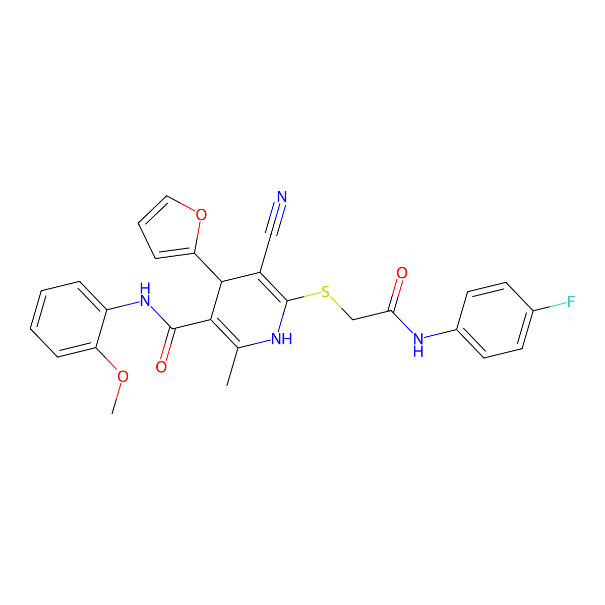 5-cyano-6-((2-((4-fluorophenyl)amino)-2-oxoethyl)thio)-4-(furan-2-yl)-N-(2-methoxyphenyl)-2-methyl-1,4-dihydropyridine-3-carboxamide molecular structure, CAS 442556-72-1