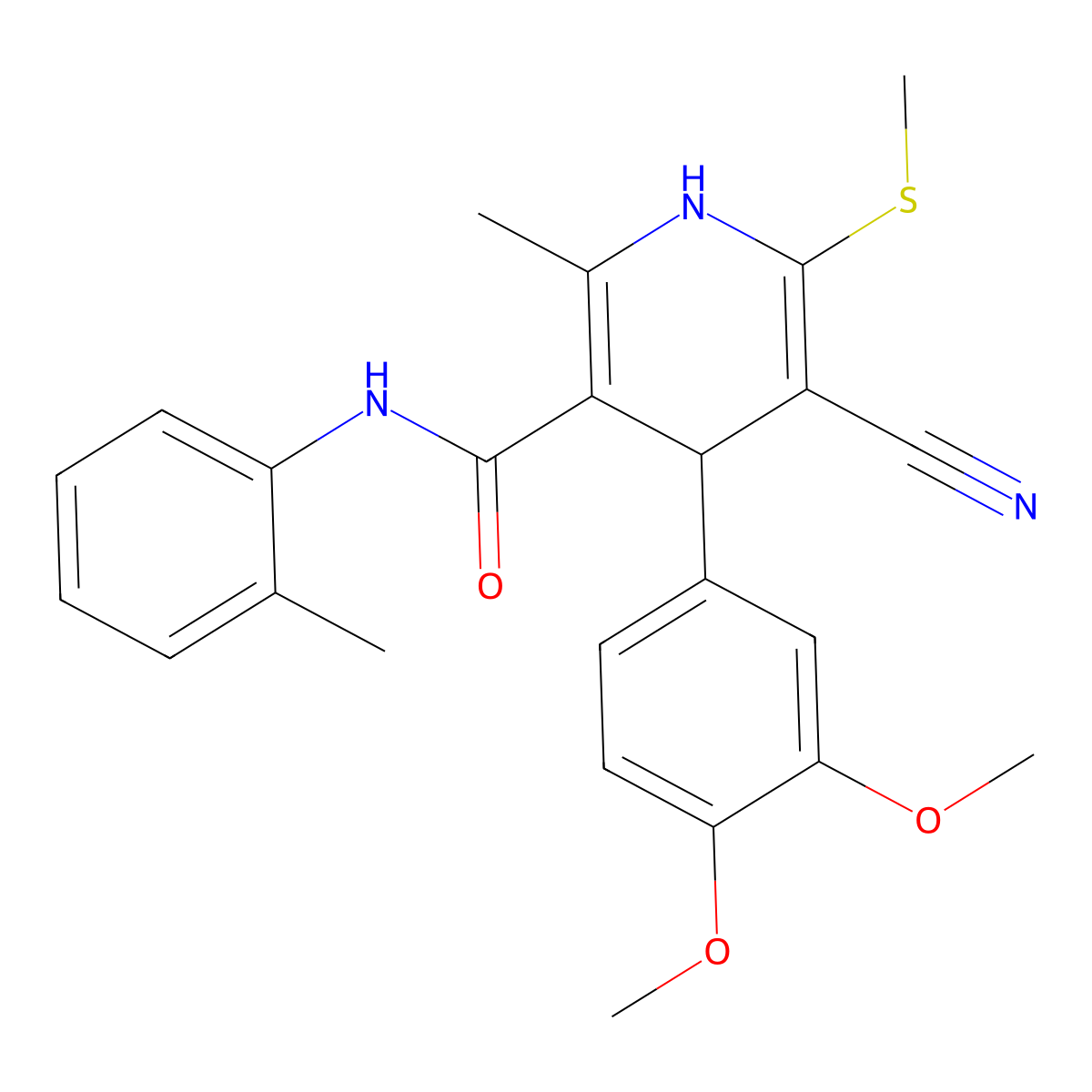 5-cyano-4-(3,4-dimethoxyphenyl)-2-methyl-6-(methylthio)-N-(o-tolyl)-1,4-dihydropyridine-3-carboxamide molecular structure, CAS 442556-73-2