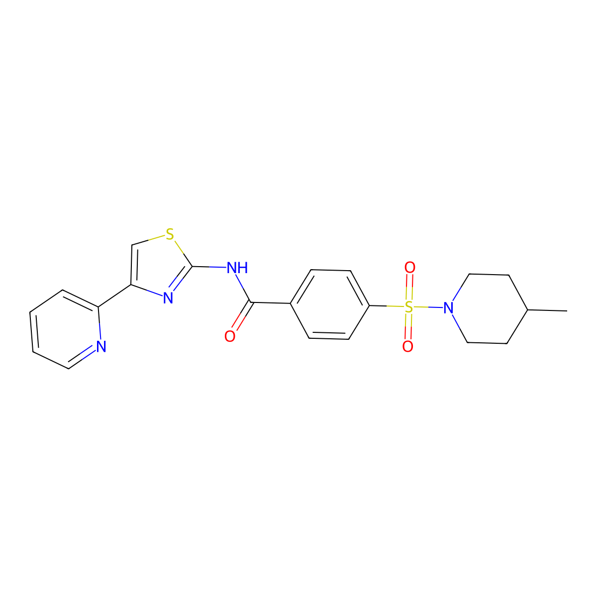 4-((4-methylpiperidin-1-yl)sulfonyl)-N-(4-(pyridin-2-yl)thiazol-2-yl)benzamide molecular structure, CAS 442556-96-9