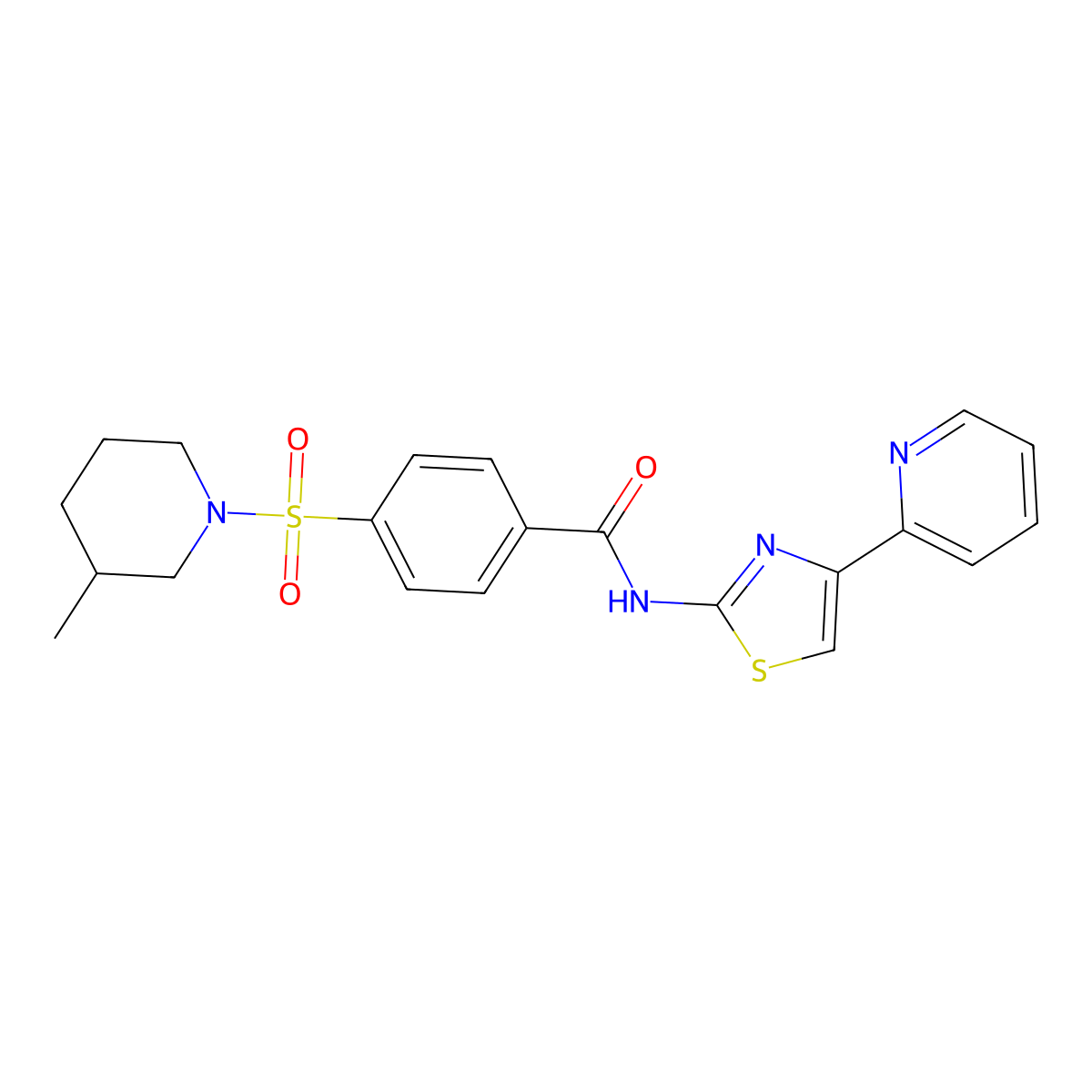 4-((3-methylpiperidin-1-yl)sulfonyl)-N-(4-(pyridin-2-yl)thiazol-2-yl)benzamide molecular structure, CAS 442556-97-0