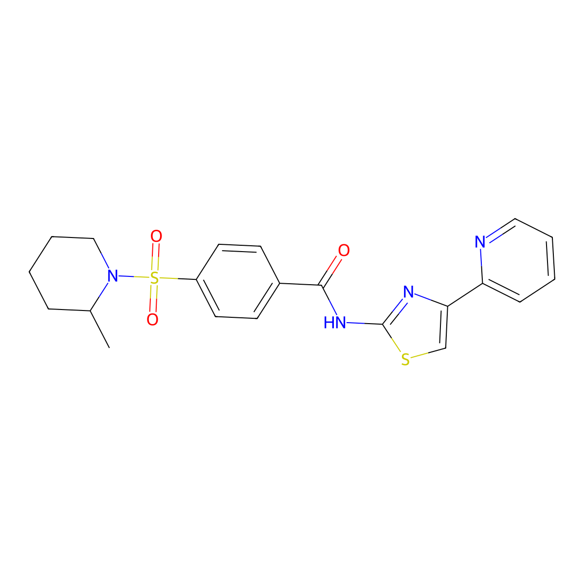 4-((2-methylpiperidin-1-yl)sulfonyl)-N-(4-(pyridin-2-yl)thiazol-2-yl)benzamide molecular structure, CAS 442556-98-1