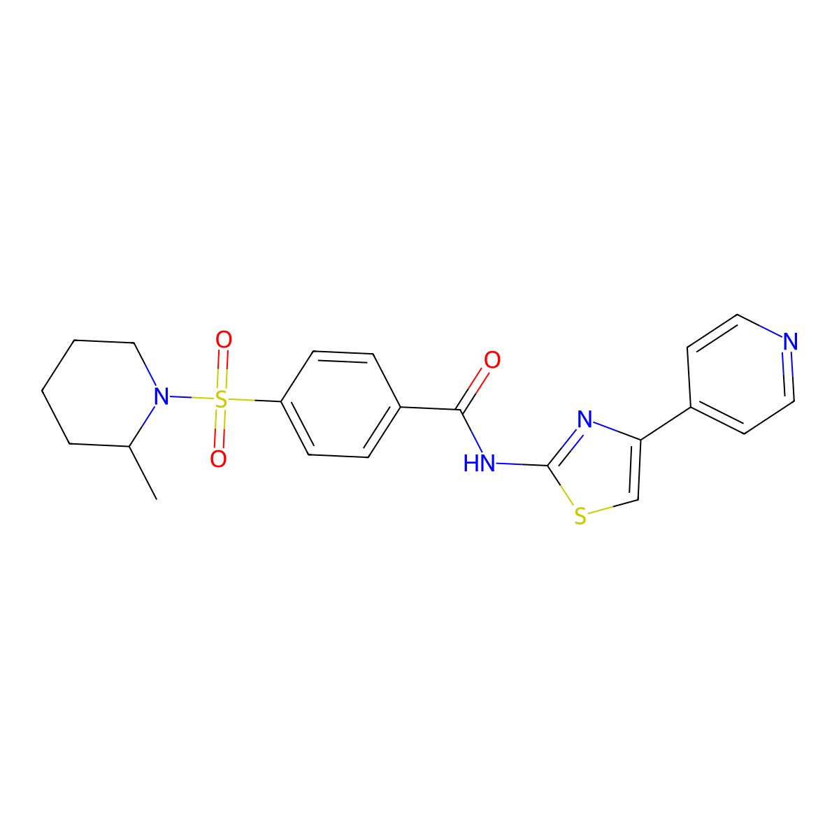 4-((2-methylpiperidin-1-yl)sulfonyl)-N-(4-(pyridin-4-yl)thiazol-2-yl)benzamide molecular structure, CAS 442557-05-3