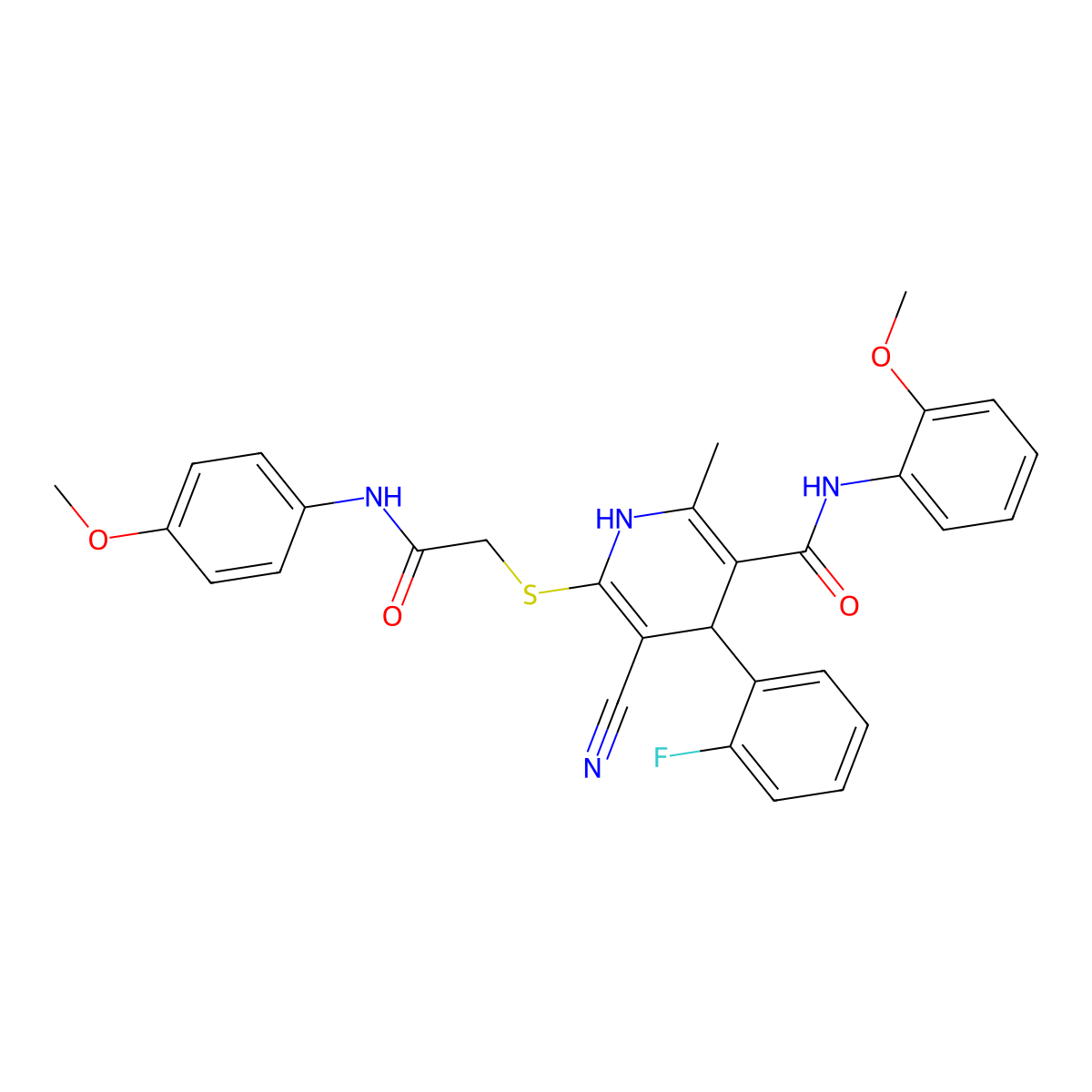 5-cyano-4-(2-fluorophenyl)-6-[2-(4-methoxyanilino)-2-oxoethyl]sulfanyl-N-(2-methoxyphenyl)-2-methyl-1,4-dihydropyridine-3-carboxamide molecular structure, CAS 442557-54-2