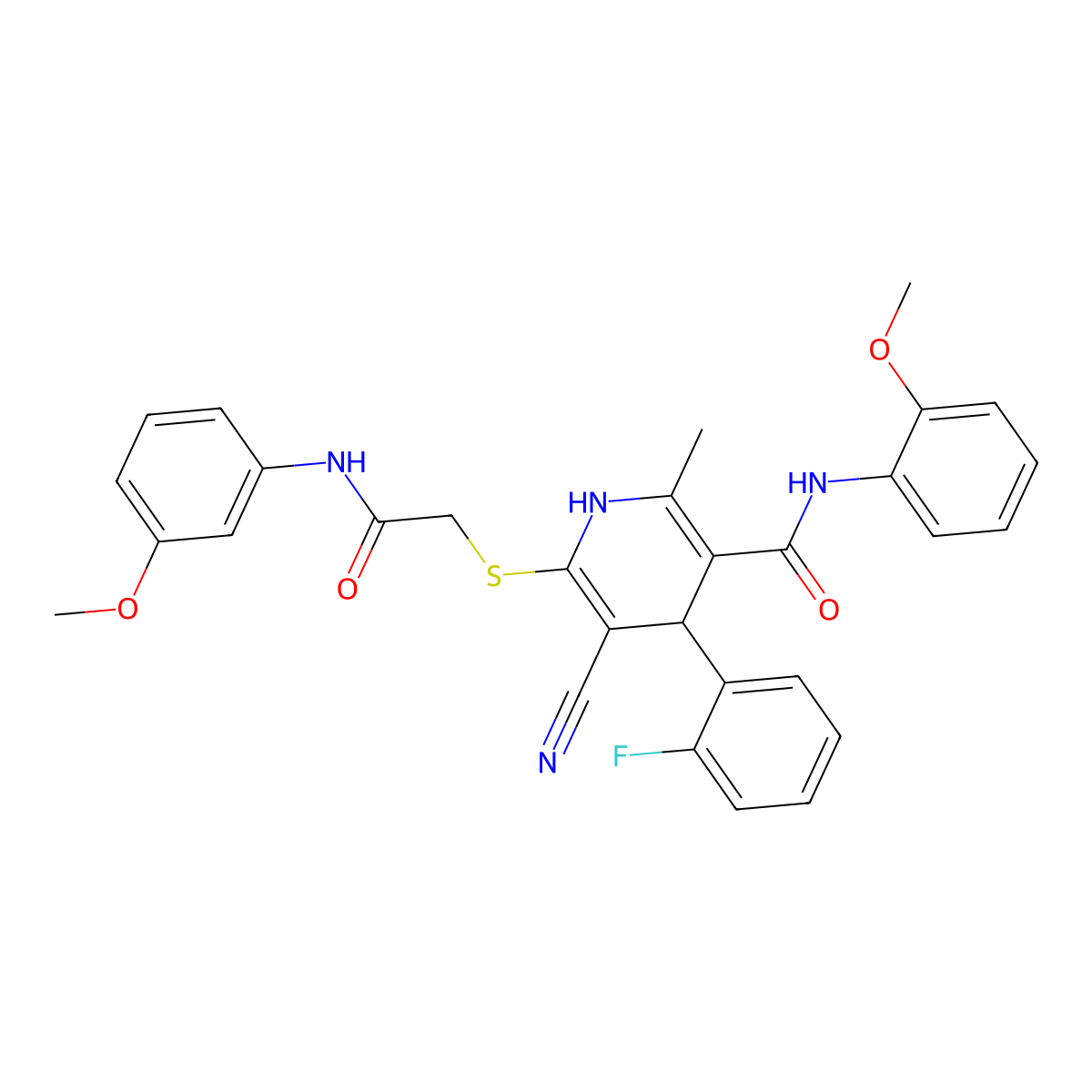 5-cyano-4-(2-fluorophenyl)-N-(2-methoxyphenyl)-6-((2-((3-methoxyphenyl)amino)-2-oxoethyl)thio)-2-methyl-1,4-dihydropyridine-3-carboxamide molecular structure, CAS 442557-55-3
