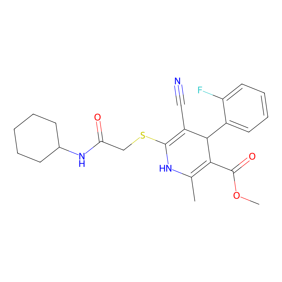 Methyl 5-cyano-6-{[(cyclohexylcarbamoyl)methyl]sulfanyl}-4-(2-fluorophenyl)-2-methyl-1,4-dihydropyridine-3-carboxylate molecular structure, CAS 442557-56-4