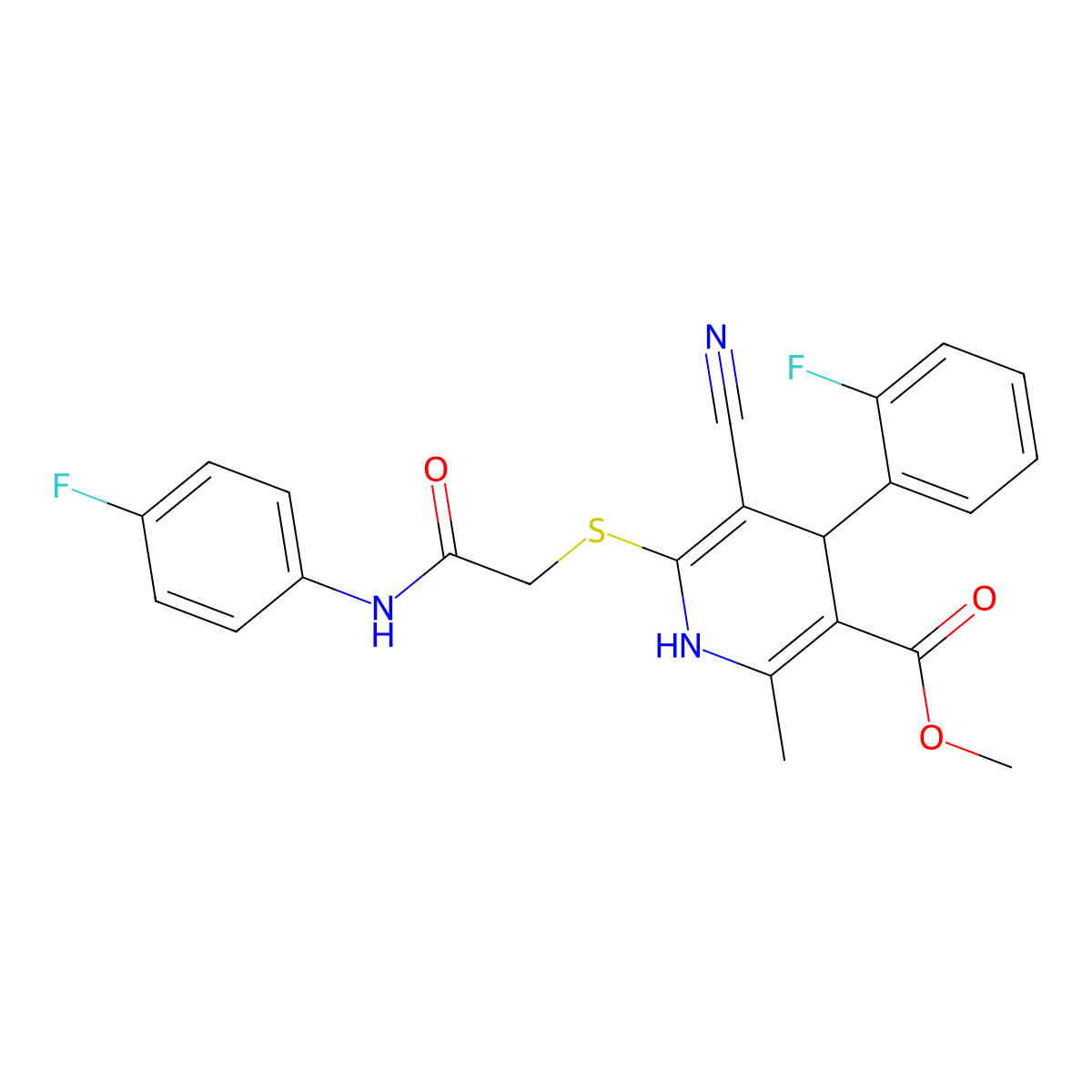 Methyl 5-cyano-4-(2-fluorophenyl)-6-((2-((4-fluorophenyl)amino)-2-oxoethyl)thio)-2-methyl-1,4-dihydropyridine-3-carboxylate molecular structure, CAS 442557-57-5