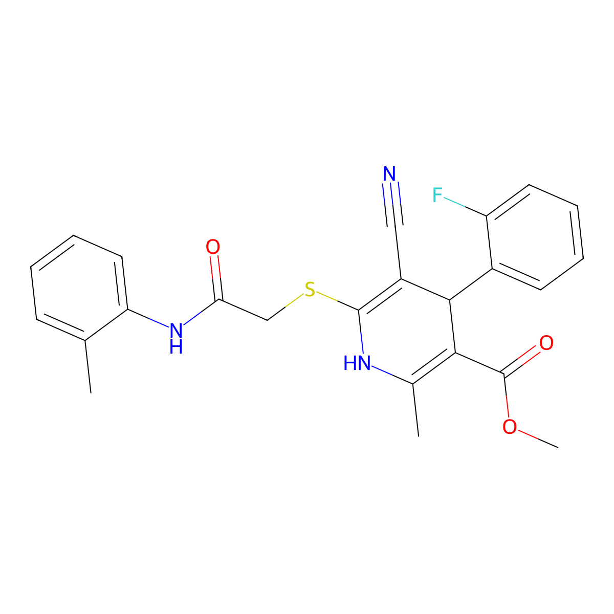 Methyl 5-cyano-4-(2-fluorophenyl)-2-methyl-6-((2-oxo-2-(o-tolylamino)ethyl)thio)-1,4-dihydropyridine-3-carboxylate molecular structure, CAS 442557-58-6