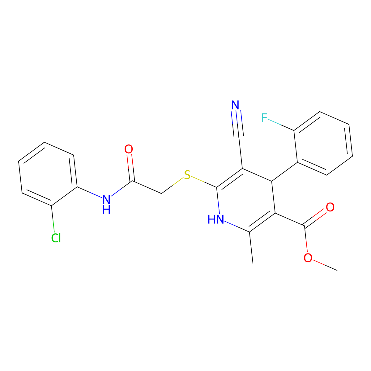 Methyl 6-((2-((2-chlorophenyl)amino)-2-oxoethyl)thio)-5-cyano-4-(2-fluorophenyl)-2-methyl-1,4-dihydropyridine-3-carboxylate molecular structure, CAS 442557-59-7