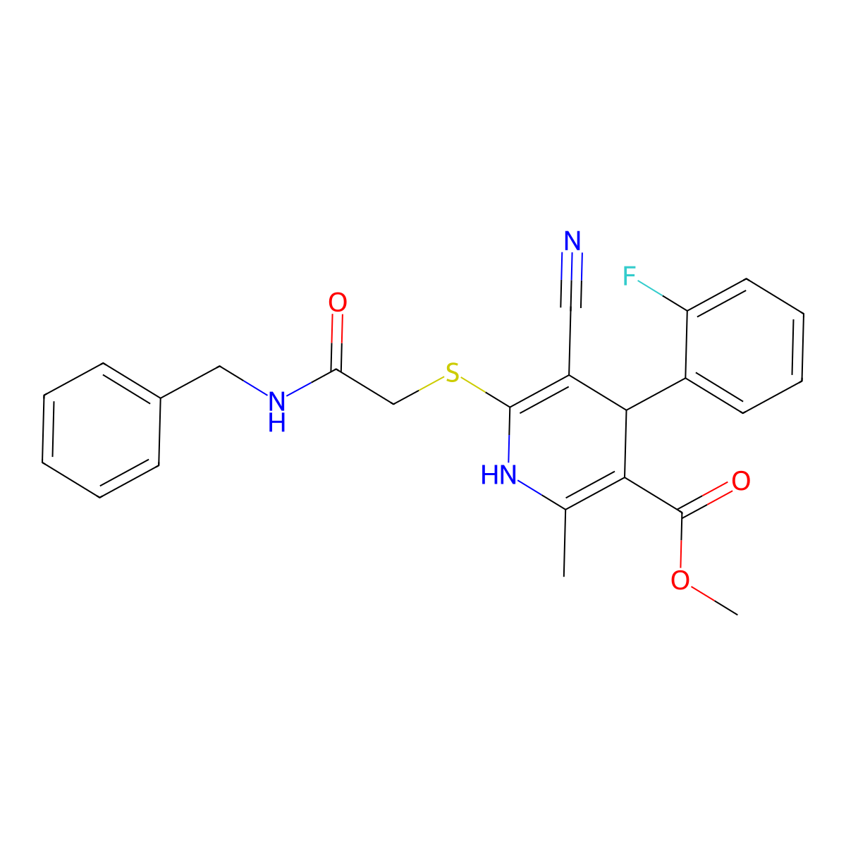 Methyl 6-[2-(benzylamino)-2-oxoethyl]sulfanyl-5-cyano-4-(2-fluorophenyl)-2-methyl-1,4-dihydropyridine-3-carboxylate molecular structure, CAS 442557-64-4