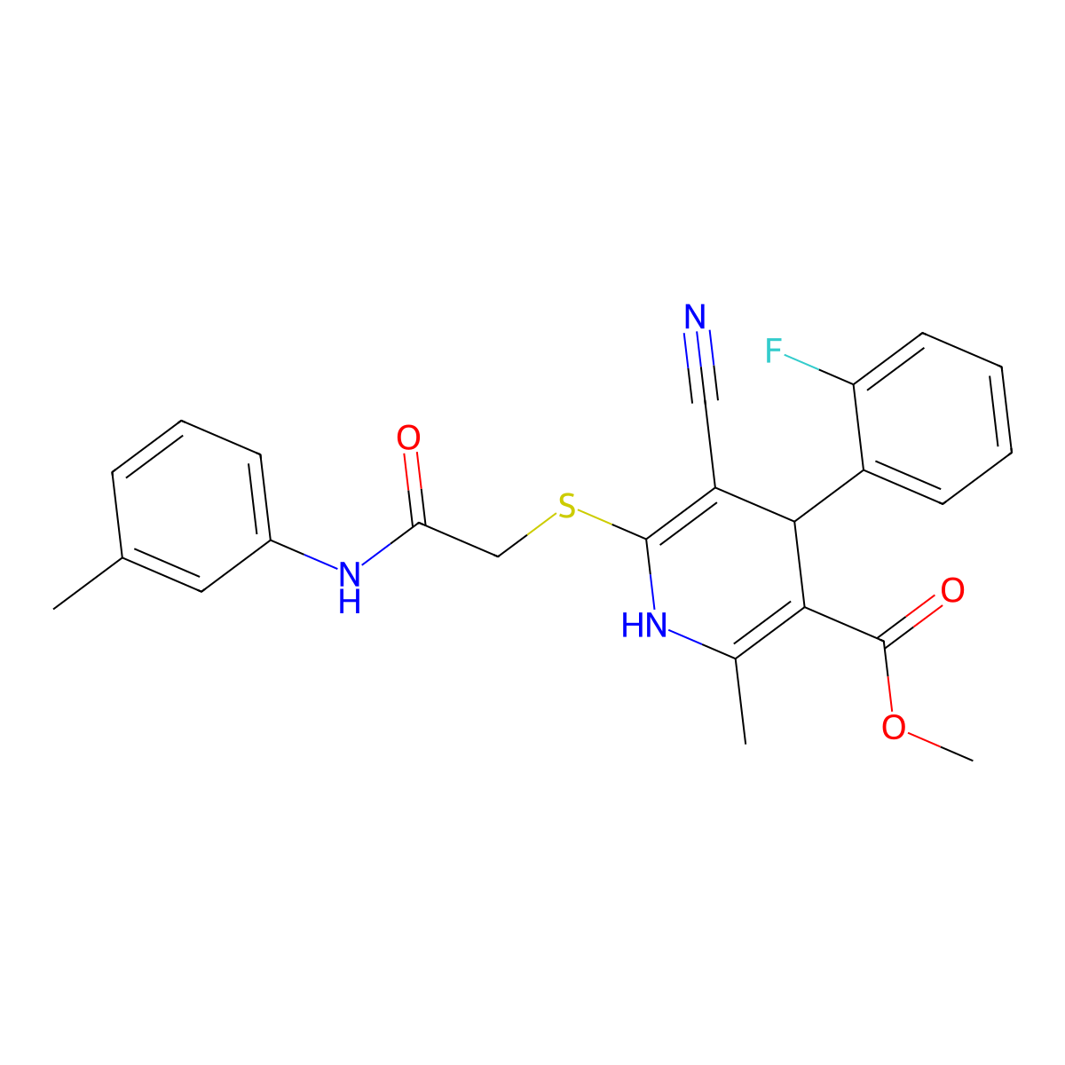 Methyl 5-cyano-4-(2-fluorophenyl)-2-methyl-6-((2-oxo-2-(m-tolylamino)ethyl)thio)-1,4-dihydropyridine-3-carboxylate molecular structure, CAS 442557-65-5