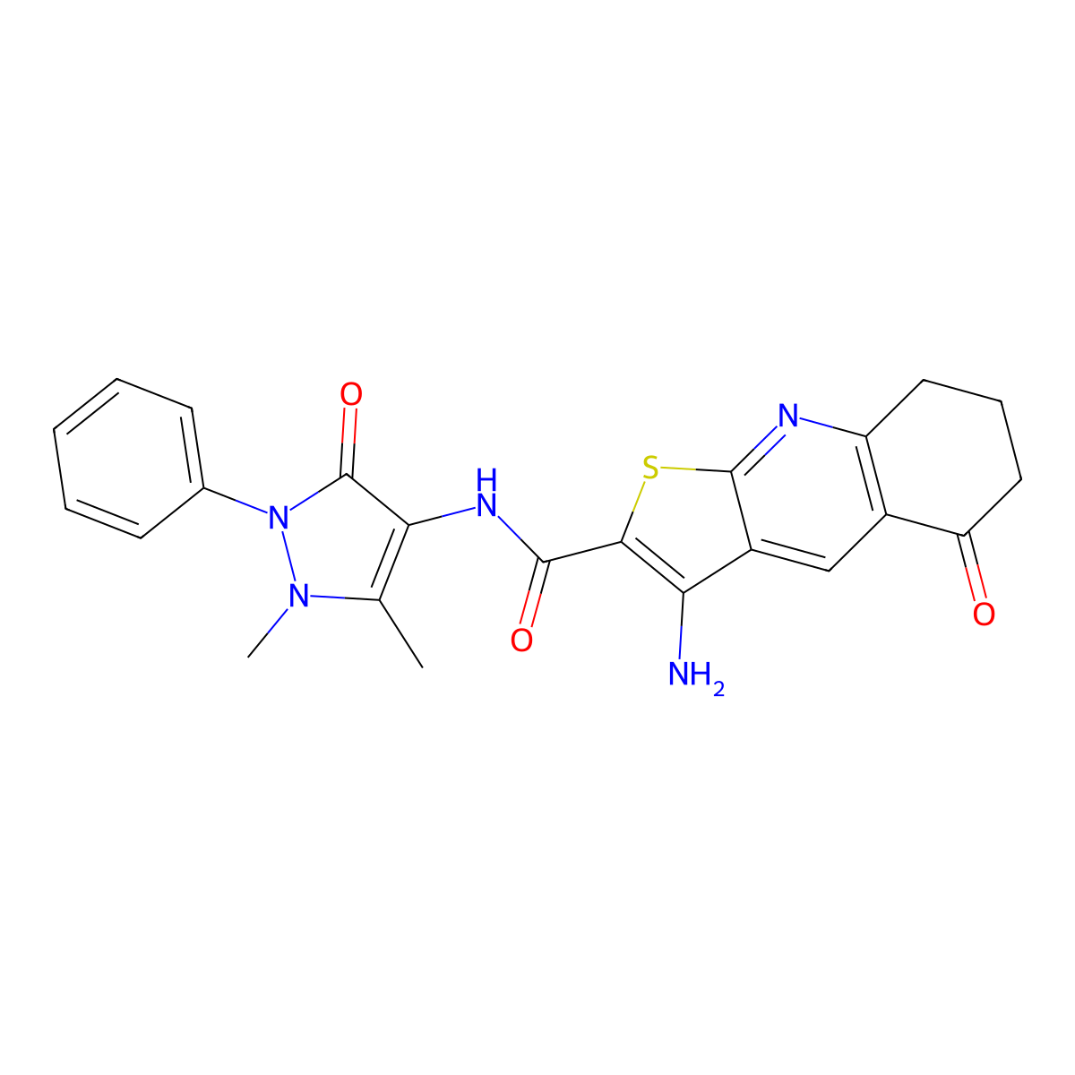3-amino-N-(1,5-dimethyl-3-oxo-2-phenylpyrazol-4-yl)-5-oxo-7,8-dihydro-6H-thieno[2,3-b]quinoline-2-carboxamide molecular structure, CAS 442557-66-6