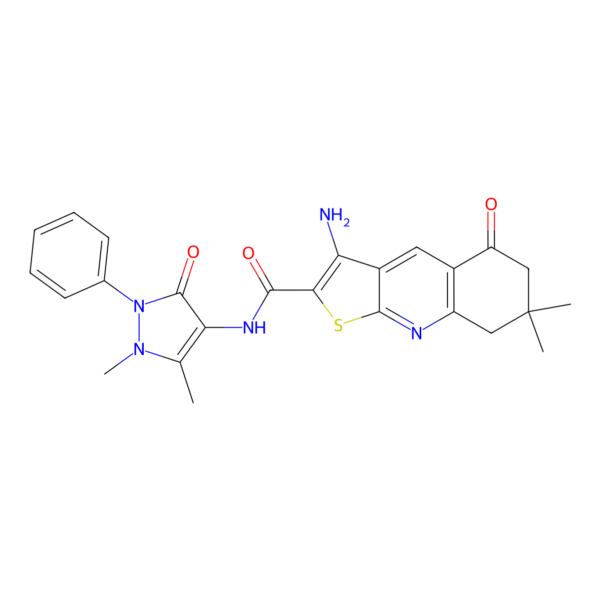 3-amino-N-(1,5-dimethyl-3-oxo-2-phenylpyrazol-4-yl)-7,7-dimethyl-5-oxo-6,8-dihydrothieno[2,3-b]quinoline-2-carboxamide molecular structure, CAS 442557-72-4