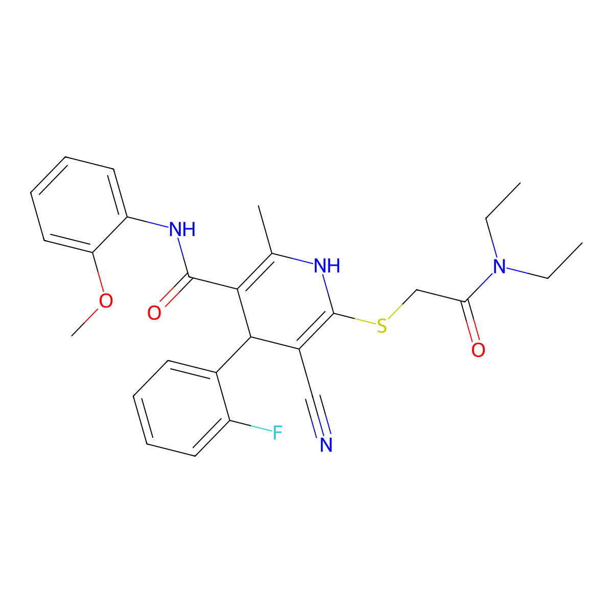 5-cyano-6-[2-(diethylamino)-2-oxoethyl]sulfanyl-4-(2-fluorophenyl)-N-(2-methoxyphenyl)-2-methyl-1,4-dihydropyridine-3-carboxamide molecular structure, CAS 442557-86-0