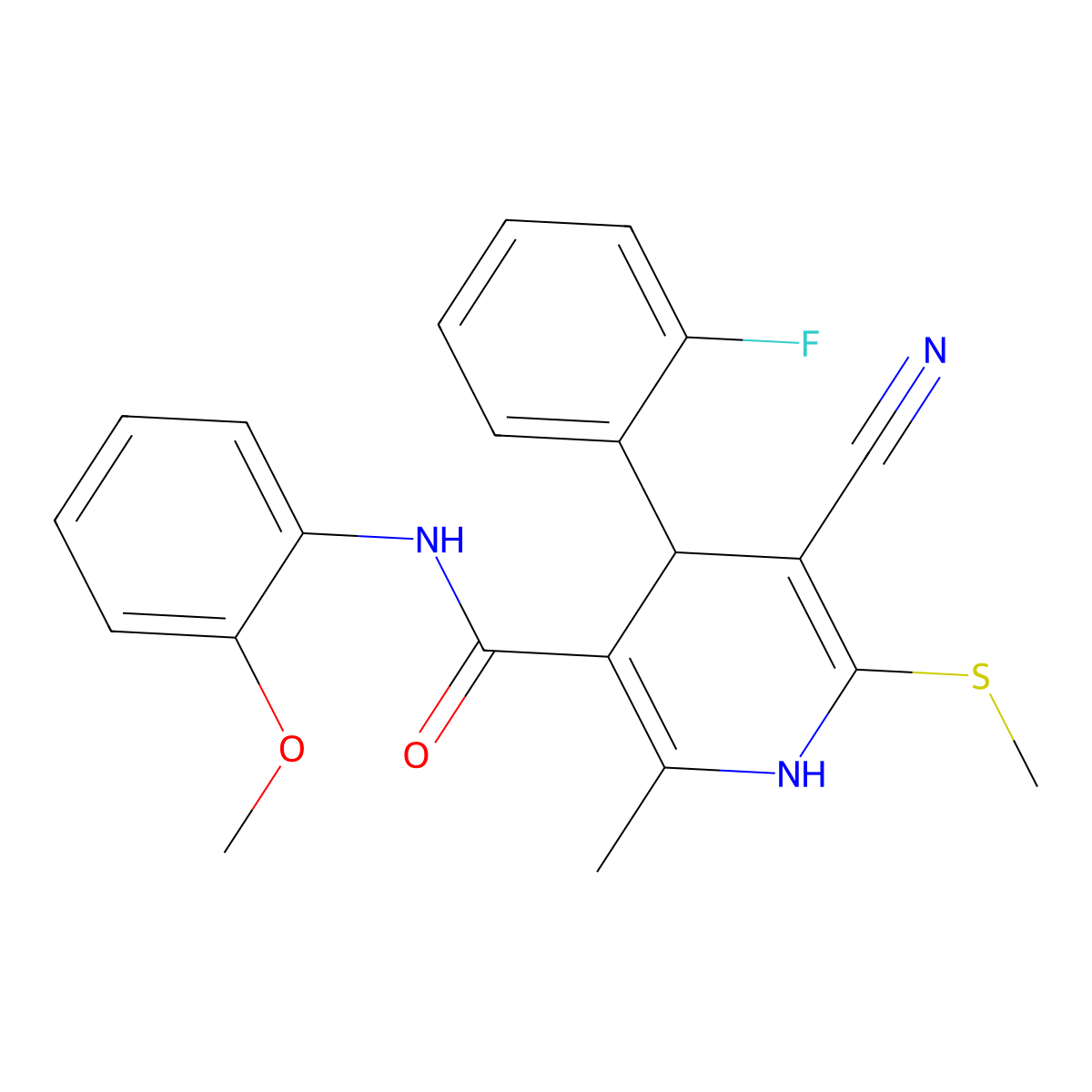 5-cyano-4-(2-fluorophenyl)-N-(2-methoxyphenyl)-2-methyl-6-(methylsulfanyl)-1,4-dihydropyridine-3-carboxamide molecular structure, CAS 442557-87-1