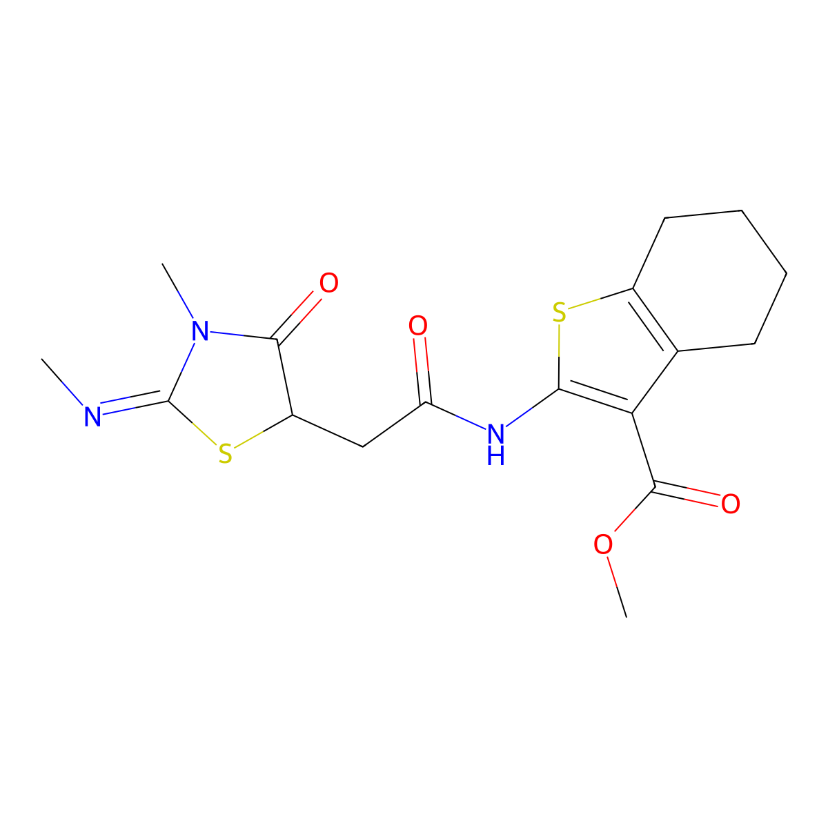 Methyl 2-[[2-(3-methyl-2-methylimino-4-oxo-1,3-thiazolidin-5-yl)acetyl]amino]-4,5,6,7-tetrahydro-1-benzothiophene-3-carboxylate molecular structure, CAS 442564-67-2