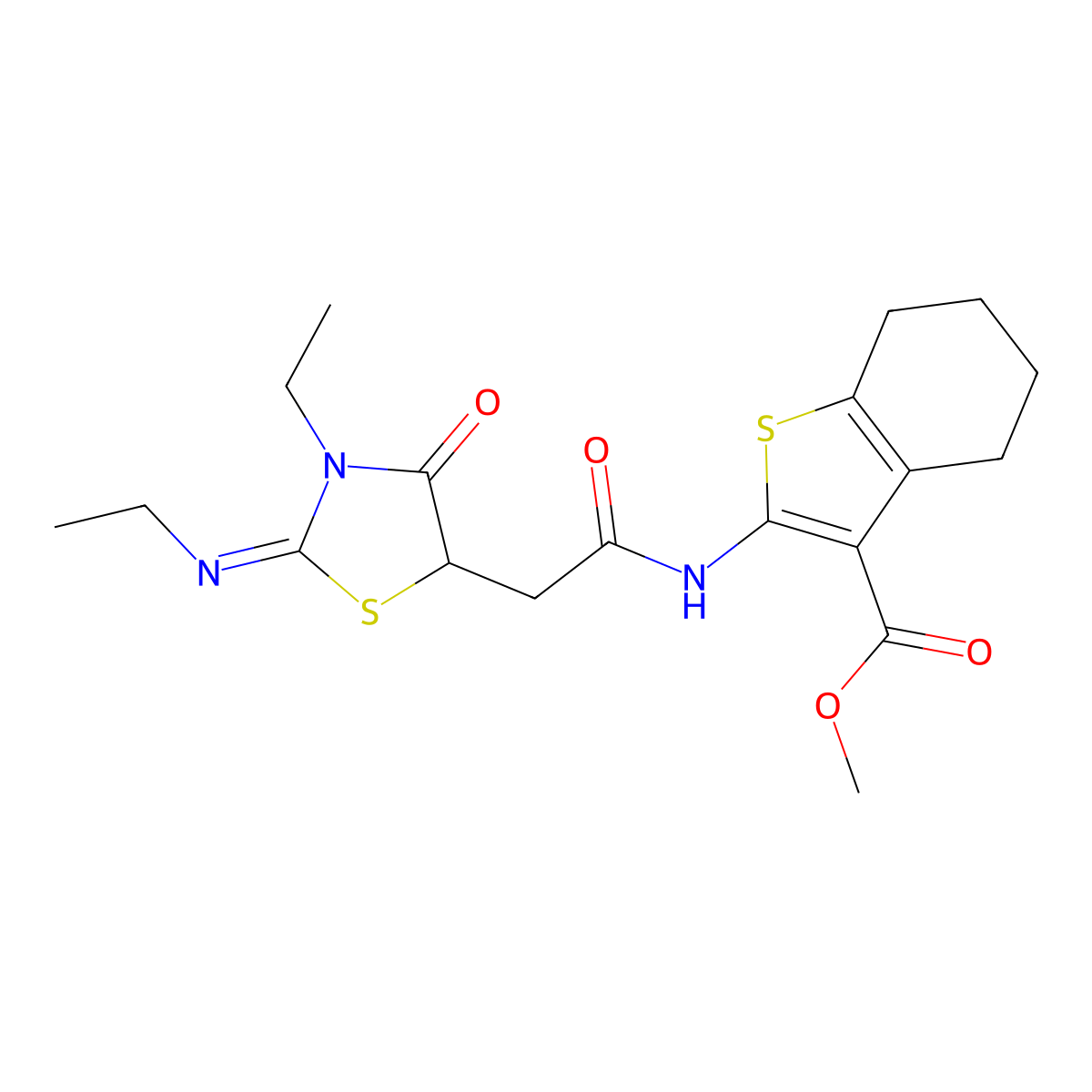 (E)-methyl 2-(2-(3-ethyl-2-(ethylimino)-4-oxothiazolidin-5-yl)acetamido)-4,5,6,7-tetrahydrobenzo[b]thiophene-3-carboxylate molecular structure, CAS 442564-75-2