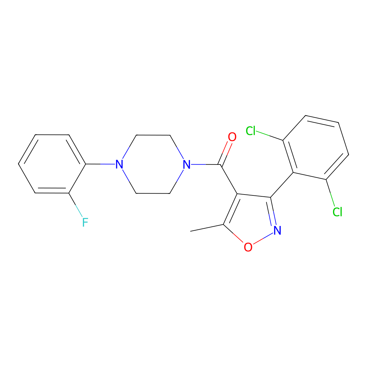 [3-(2,6-Dichlorophenyl)-5-methyl-1,2-oxazol-4-yl]-[4-(2-fluorophenyl)piperazin-1-yl]methanone molecular structure, CAS 442564-97-8