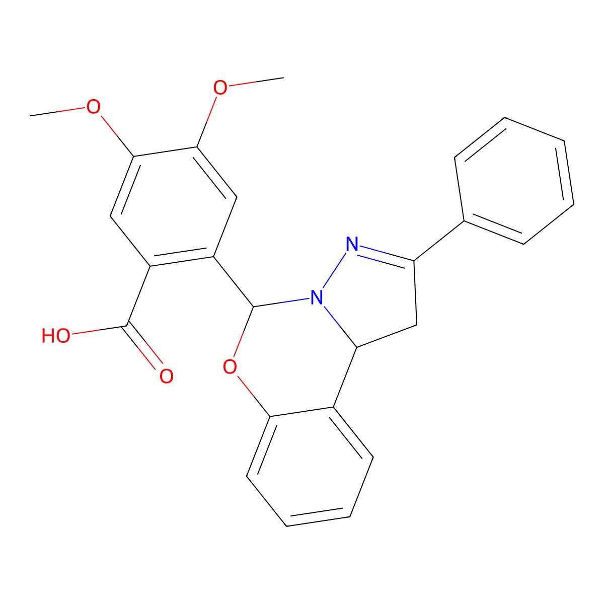 4,5-Dimethoxy-2-(2-phenyl-1,10b-dihydropyrazolo[1,5-c][1,3]benzoxazin-5-yl)benzoic acid molecular structure, CAS 442566-73-6