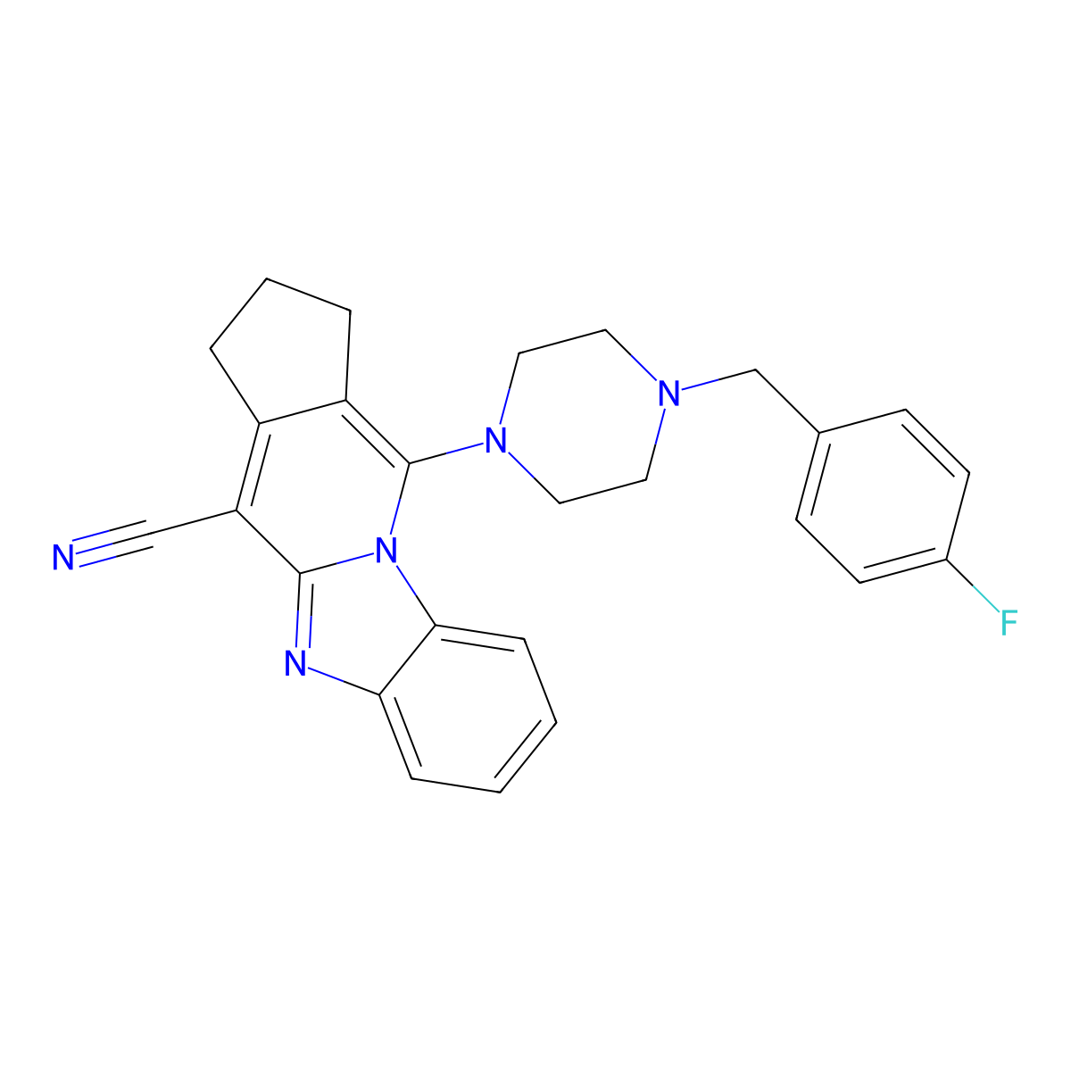 11-(4-(4-fluorobenzyl)piperazin-1-yl)-2,3-dihydro-1H-benzo[4,5]imidazo[1,2-a]cyclopenta[d]pyridine-4-carbonitrile molecular structure, CAS 442567-35-3
