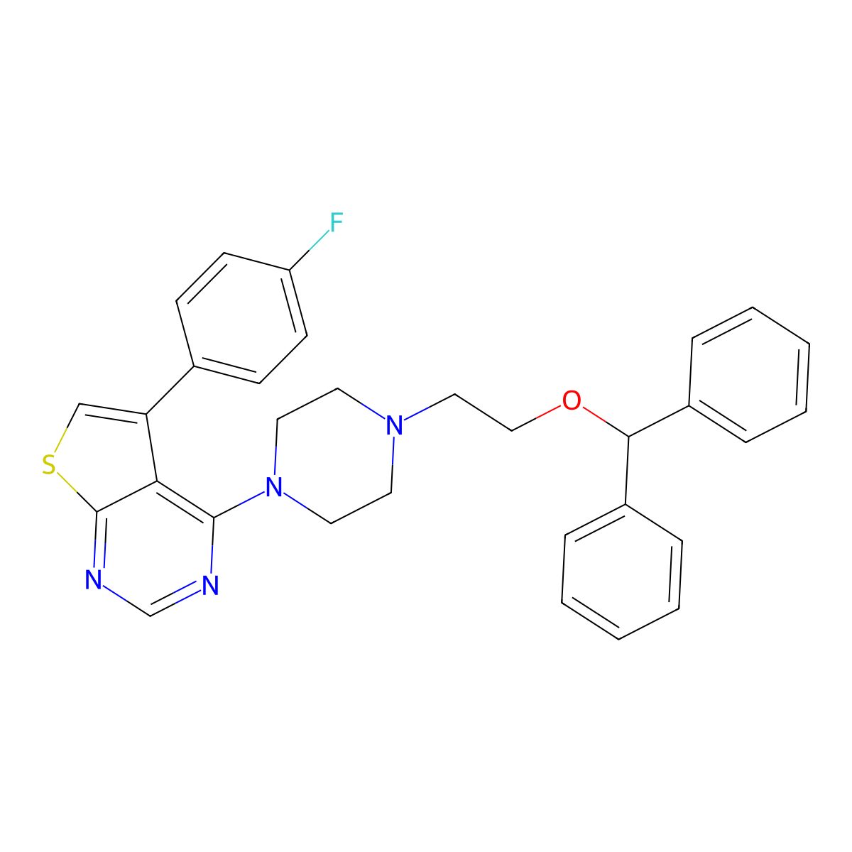 4-(4-(2-(Benzhydryloxy)ethyl)piperazin-1-yl)-5-(4-fluorophenyl)thieno[2,3-d]pyrimidine molecular structure, CAS 442567-71-7