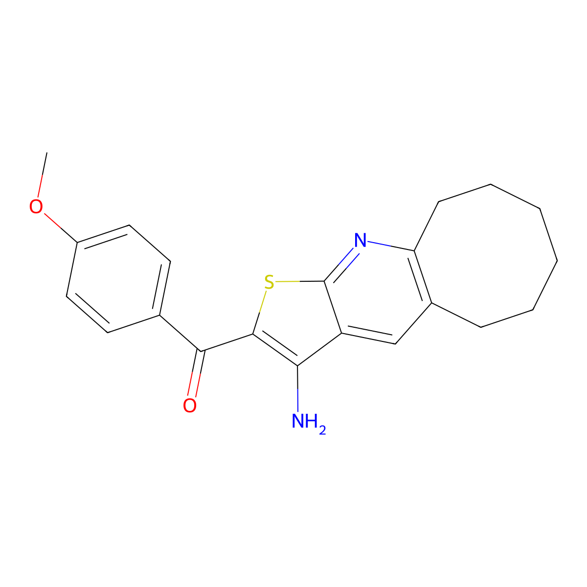 (3-Amino-5,6,7,8,9,10-hexahydrocycloocta[b]thieno[3,2-e]pyridin-2-yl)(4-methoxyphenyl)methanone molecular structure, CAS 442568-09-4