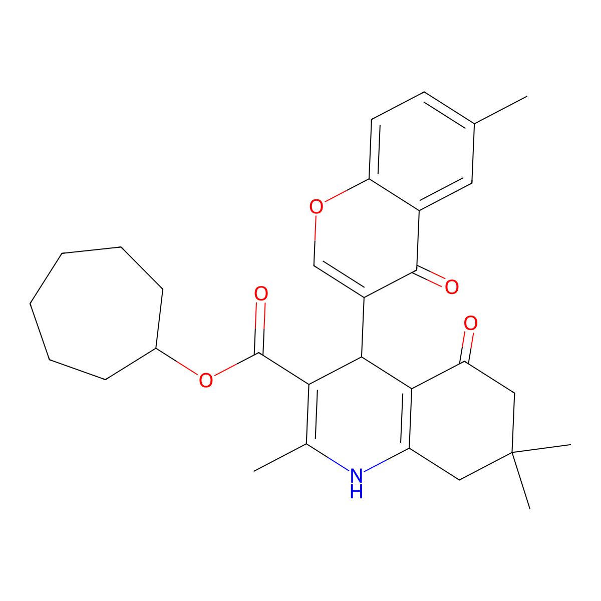 cycloheptyl 2,7,7-trimethyl-4-(6-methyl-4-oxo-4H-chromen-3-yl)-5-oxo-1,4,5,6,7,8-hexahydroquinoline-3-carboxylate molecular structure, CAS 442568-69-6