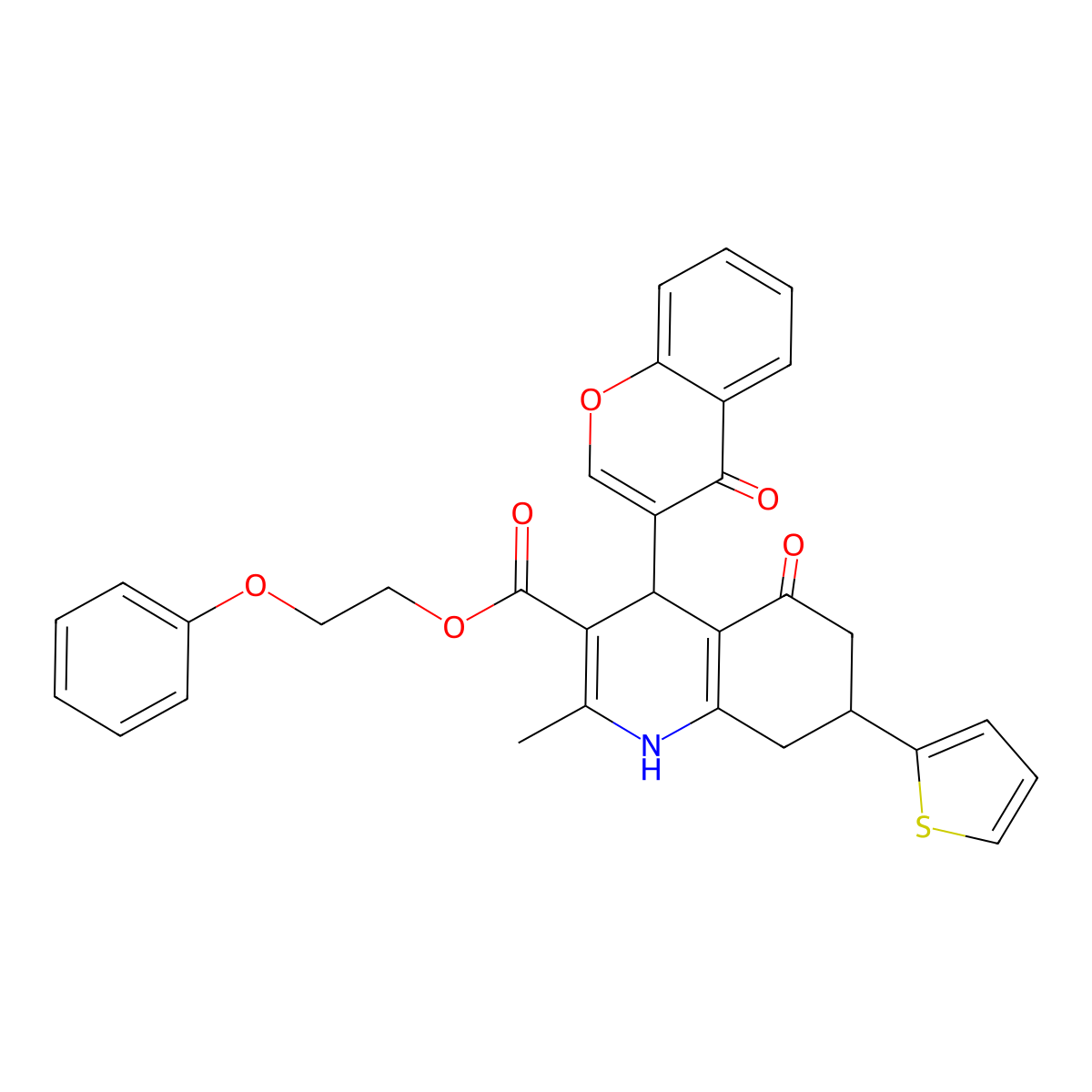 2-phenoxyethyl 2-methyl-5-oxo-4-(4-oxo-4H-chromen-3-yl)-7-(thiophen-2-yl)-1,4,5,6,7,8-hexahydroquinoline-3-carboxylate molecular structure, CAS 442568-71-0