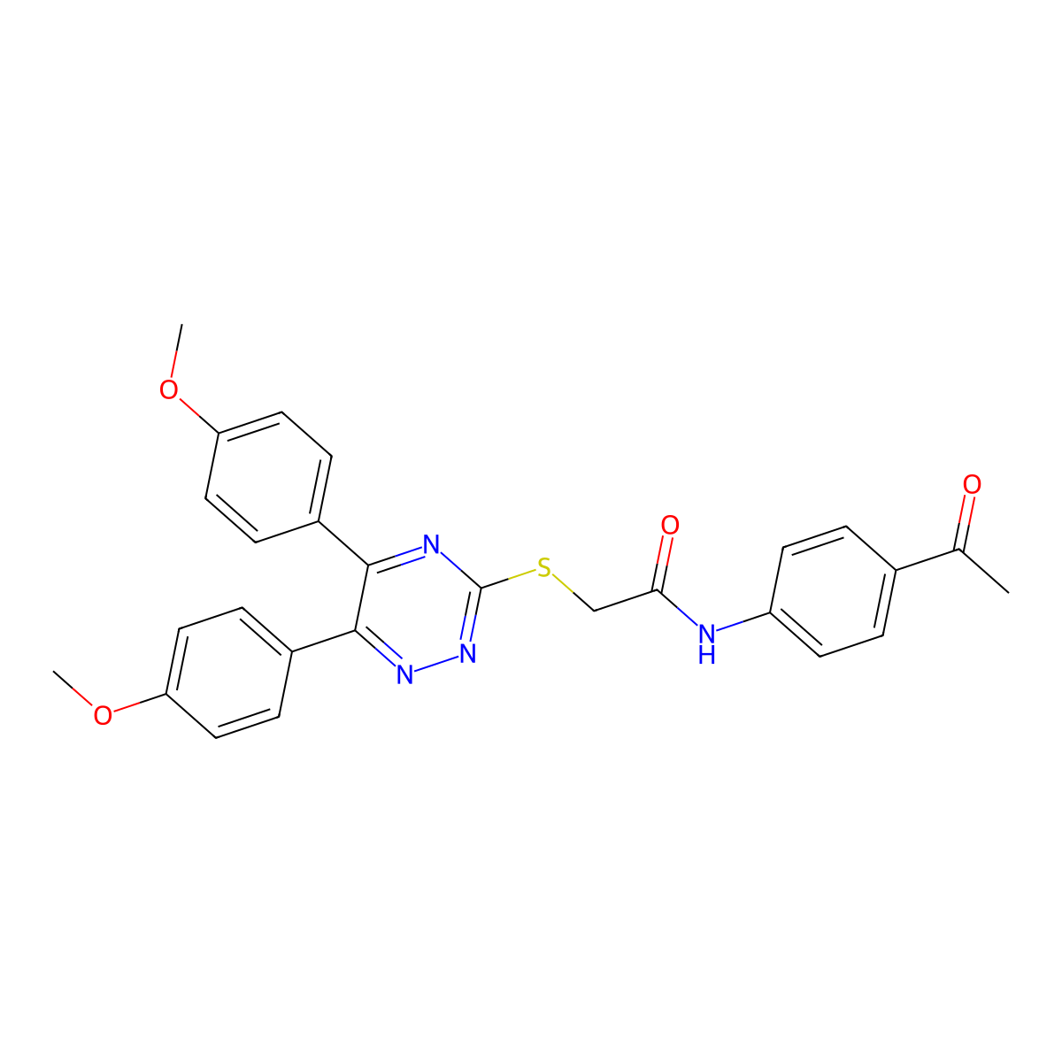 N-(4-acetylphenyl)-2-{[5,6-bis(4-methoxyphenyl)-1,2,4-triazin-3-yl]sulfanyl}acetamide molecular structure, CAS 442572-20-5