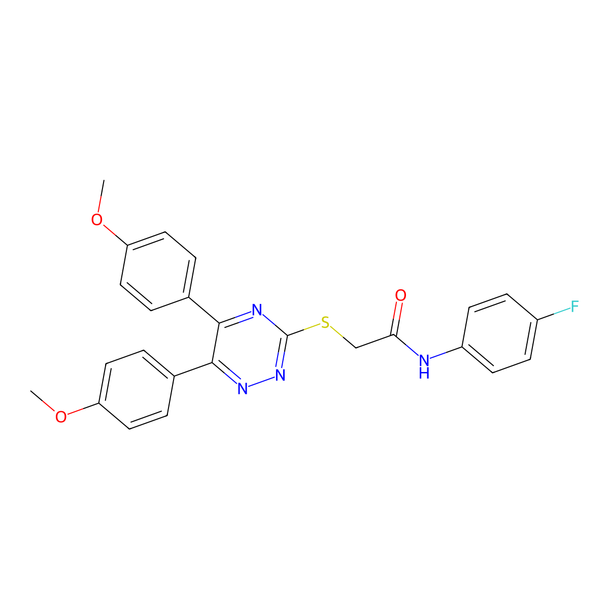2-{[5,6-bis(4-methoxyphenyl)-1,2,4-triazin-3-yl]sulfanyl}-N-(4-fluorophenyl)acetamide molecular structure, CAS 442572-21-6