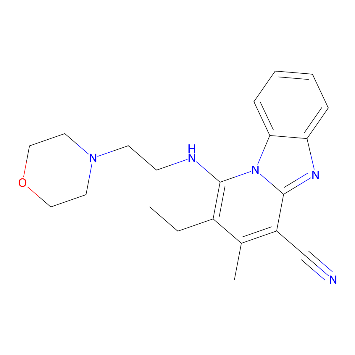 2-Ethyl-3-methyl-1-(2-morpholin-4-ylethylamino)pyrido[1,2-a]benzimidazole-4-carbonitrile molecular structure, CAS 442572-39-6