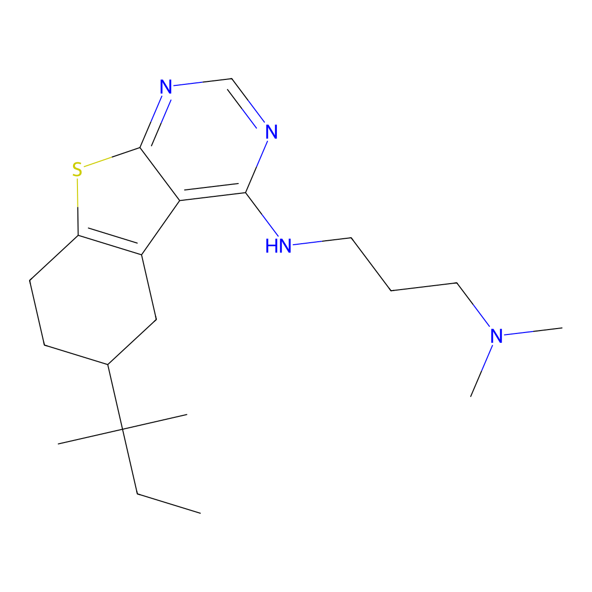 N,N-dimethyl-N'-[6-(2-methylbutan-2-yl)-5,6,7,8-tetrahydro[1]benzothieno[2,3-d]pyrimidin-4-yl]propane-1,3-diamine molecular structure, CAS 442572-66-9