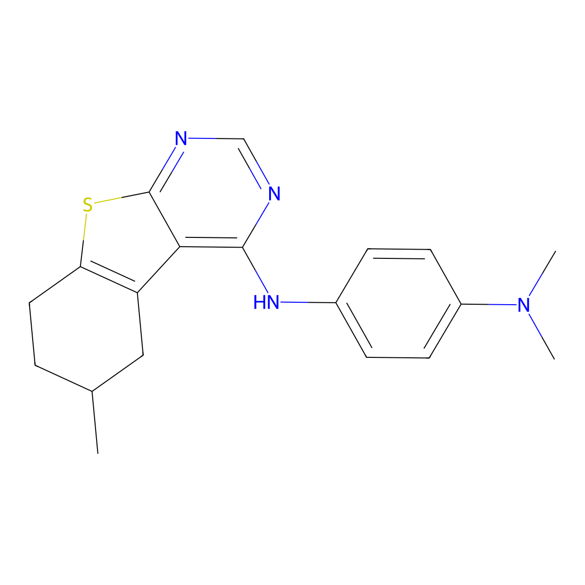 N,N-dimethyl-N'-(6-methyl-5,6,7,8-tetrahydro[1]benzothieno[2,3-d]pyrimidin-4-yl)benzene-1,4-diamine molecular structure, CAS 442572-74-9