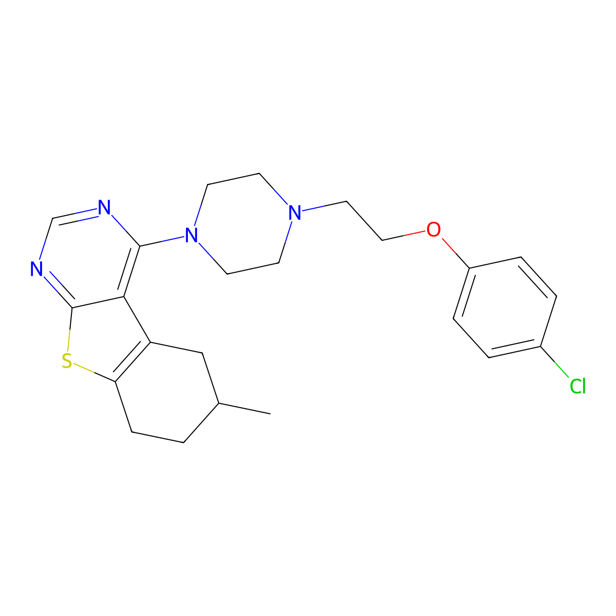 4-{4-[2-(4-Chlorophenoxy)ethyl]piperazin-1-yl}-6-methyl-5,6,7,8-tetrahydro[1]benzothieno[2,3-d]pyrimidine molecular structure, CAS 442572-75-0