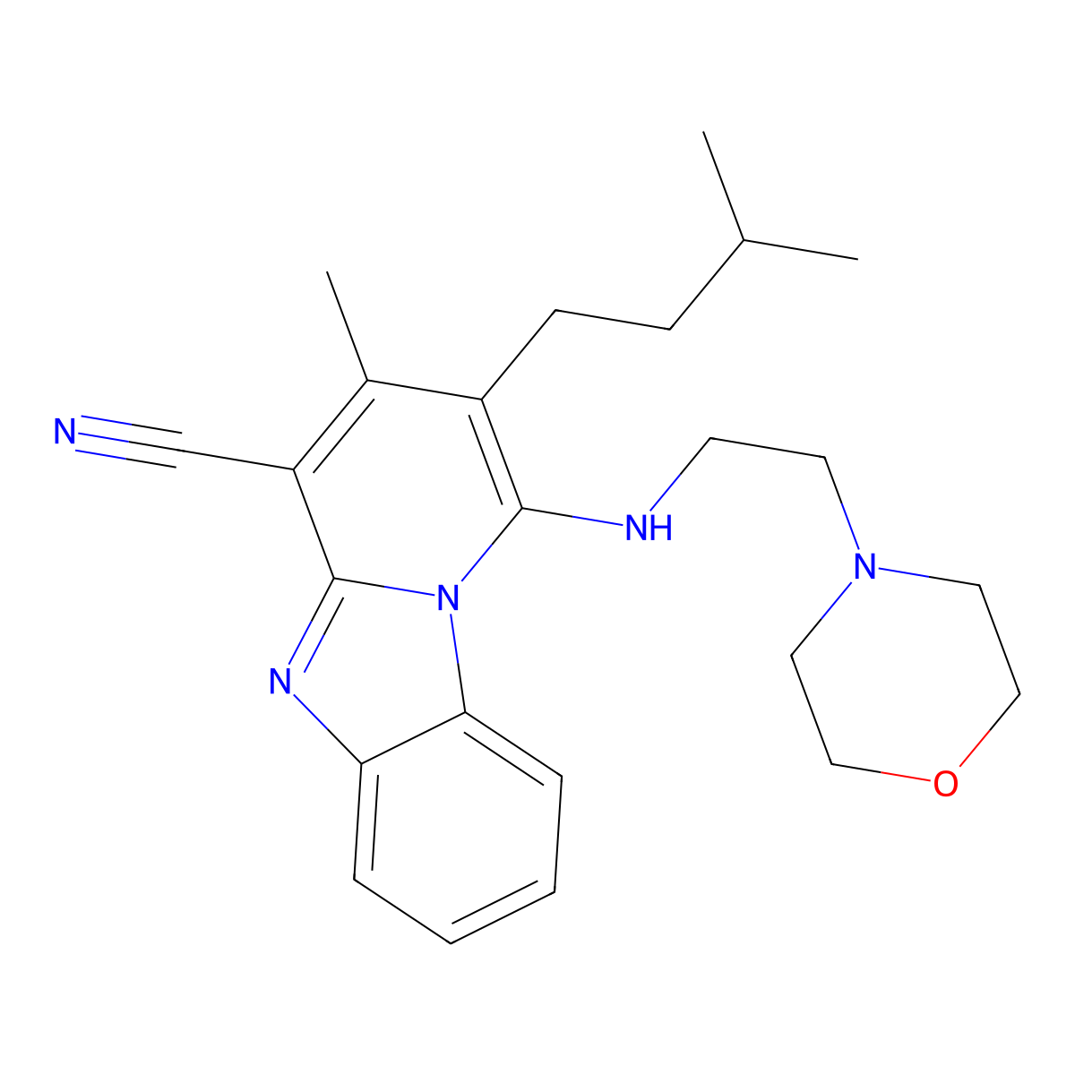 2-Isopentyl-3-methyl-1-((2-morpholinoethyl)amino)benzo[4,5]imidazo[1,2-a]pyridine-4-carbonitrile molecular structure, CAS 442572-98-7