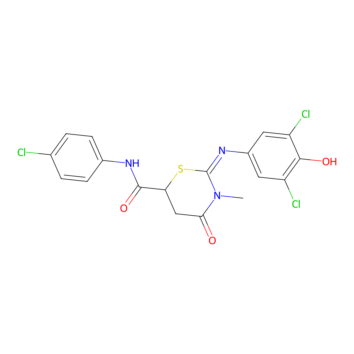 N-(4-chlorophenyl)-2-(3,5-dichloro-4-hydroxyphenyl)imino-3-methyl-4-oxo-1,3-thiazinane-6-carboxamide molecular structure, CAS 442629-46-1