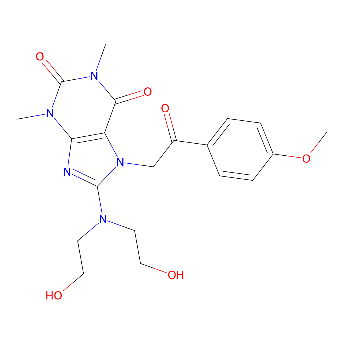8-[Bis(2-hydroxyethyl)amino]-7-[2-(4-methoxyphenyl)-2-oxoethyl]-1,3-dimethylpurine-2,6-dione molecular structure, CAS 442630-30-0