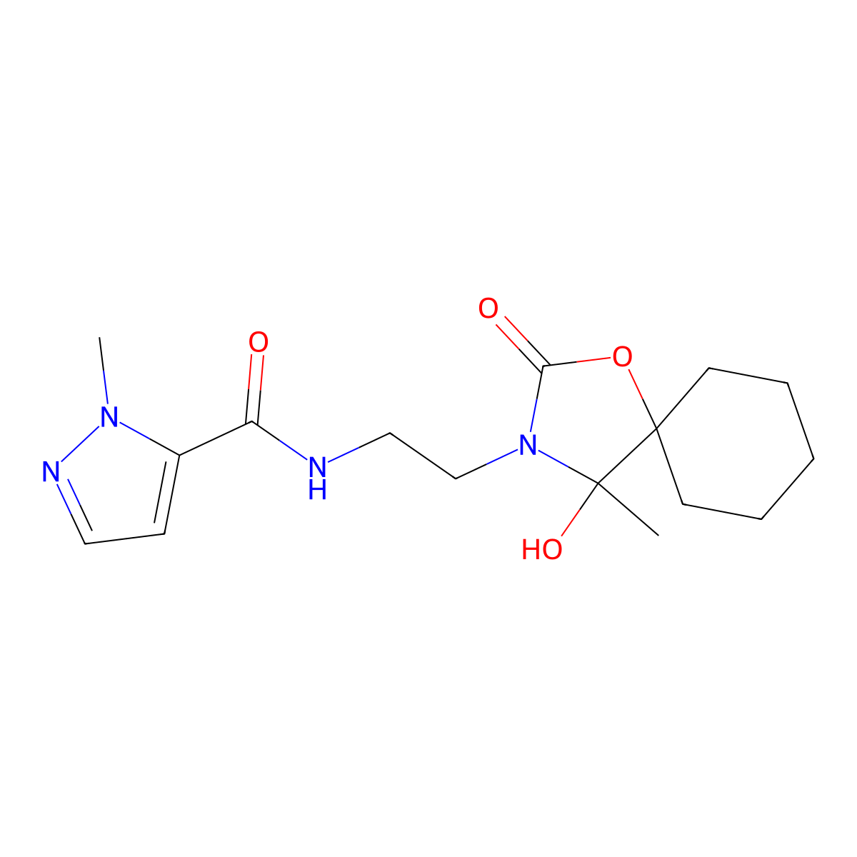 N-[2-(4-Hydroxy-4-methyl-2-oxo-1-oxa-3-azaspiro[4.5]dec-3-yl)ethyl]-1-methyl-1H-pyrazole-5-carboxamide molecular structure, CAS 442630-96-8