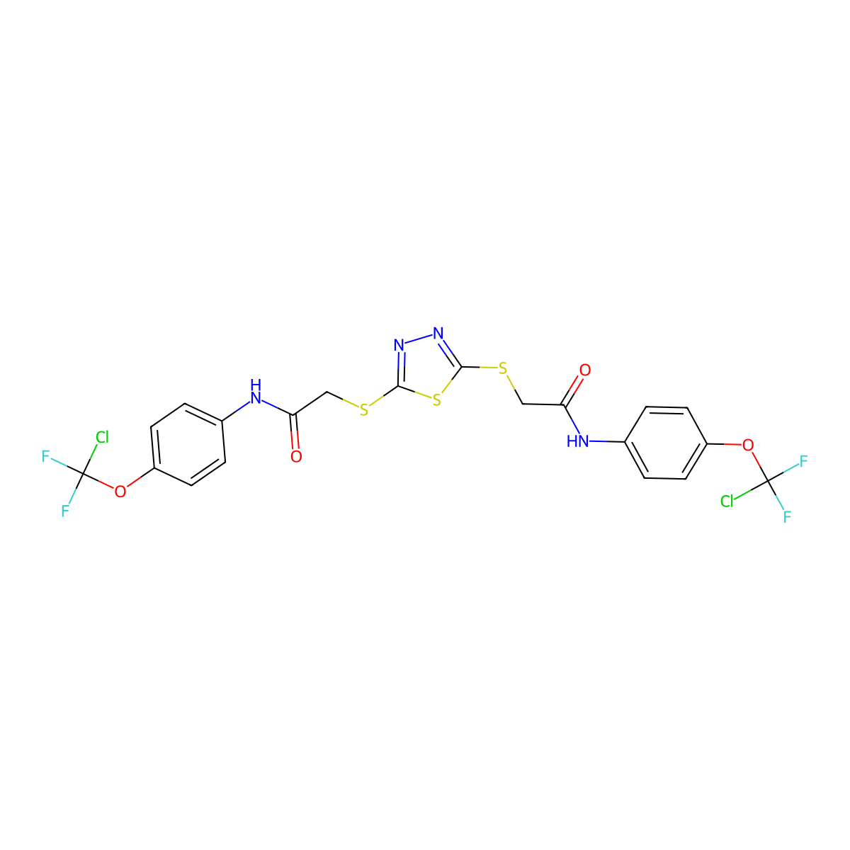 2-[[5-[2-[4-[chloro(difluoro)methoxy]anilino]-2-oxoethyl]sulfanyl-1,3,4-thiadiazol-2-yl]sulfanyl]-N-[4-[chloro(difluoro)methoxy]phenyl]acetamide molecular structure, CAS 442641-59-0