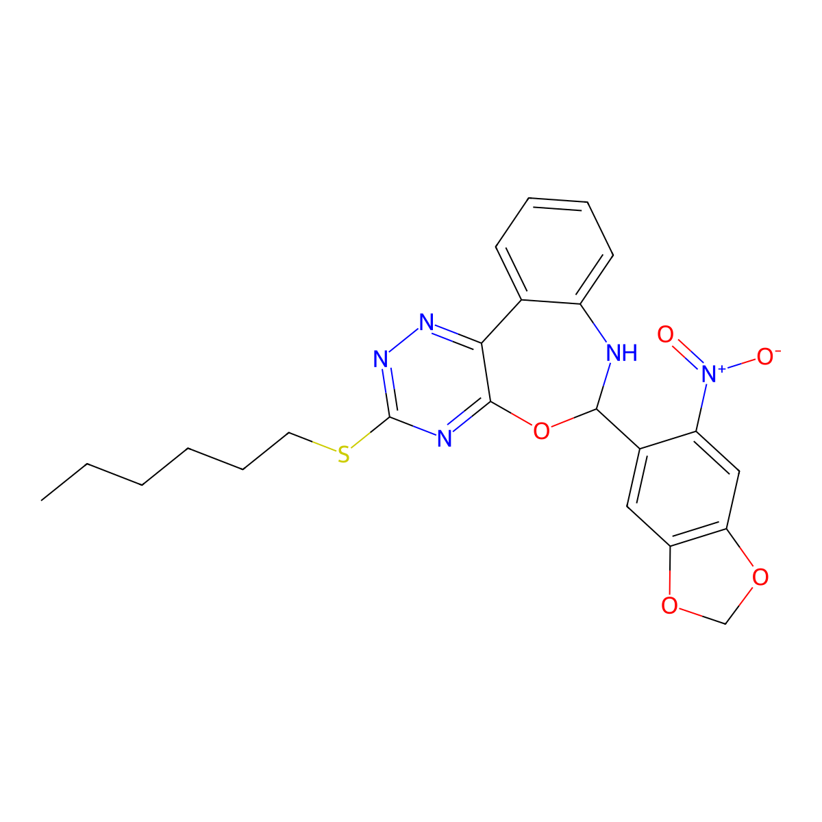 3-(Hexylthio)-6-{6-nitro-1,3-benzodioxol-5-yl}-6,7-dihydro[1,2,4]triazino[5,6-d][3,1]benzoxazepine molecular structure, CAS 442641-84-1