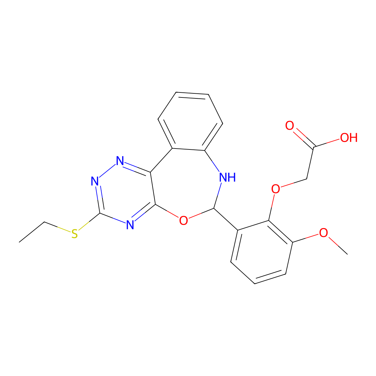 {2-[3-(Ethylthio)-6,7-dihydro[1,2,4]triazino[5,6-d][3,1]benzoxazepin-6-yl]-6-methoxyphenoxy}acetic acid molecular structure, CAS 442642-78-6