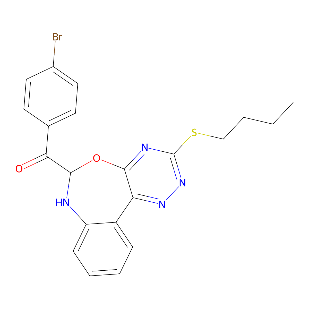 (4-Bromophenyl)[3-(butylsulfanyl)-6,7-dihydro[1,2,4]triazino[5,6-D][3,1]benzoxazepin-6-YL]methanone molecular structure, CAS 442644-45-3