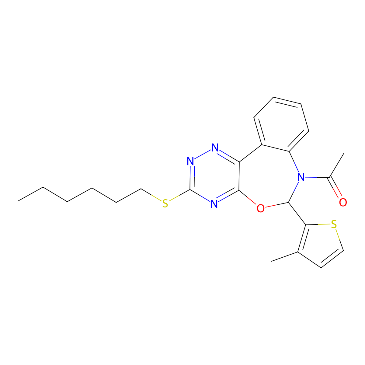 7-Acetyl-3-(hexylsulfanyl)-6-(3-methylthien-2-yl)-6,7-dihydro[1,2,4]triazino[5,6-d][3,1]benzoxazepine molecular structure, CAS 442646-14-2