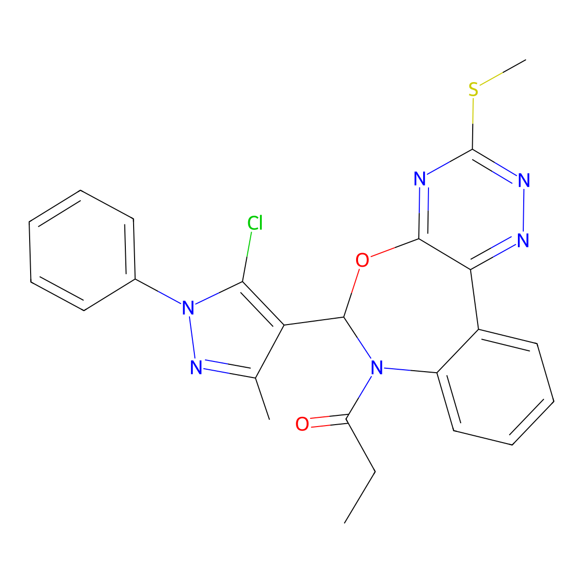 6-(5-chloro-3-methyl-1-phenyl-1H-pyrazol-4-yl)-7-propionyl-6,7-dihydro[1,2,4]triazino[5,6-d][3,1]benzoxazepin-3-yl methyl sulfide molecular structure, CAS 442647-77-0