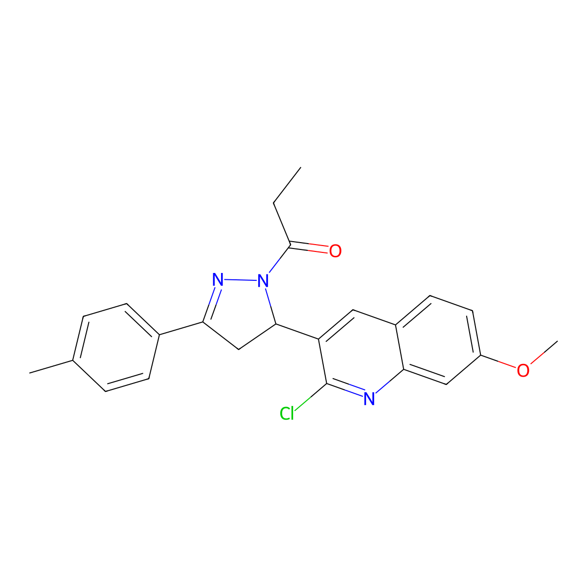 1-(5-(2-chloro-7-methoxyquinolin-3-yl)-3-(p-tolyl)-4,5-dihydro-1H-pyrazol-1-yl)propan-1-one molecular structure, CAS 442649-41-4