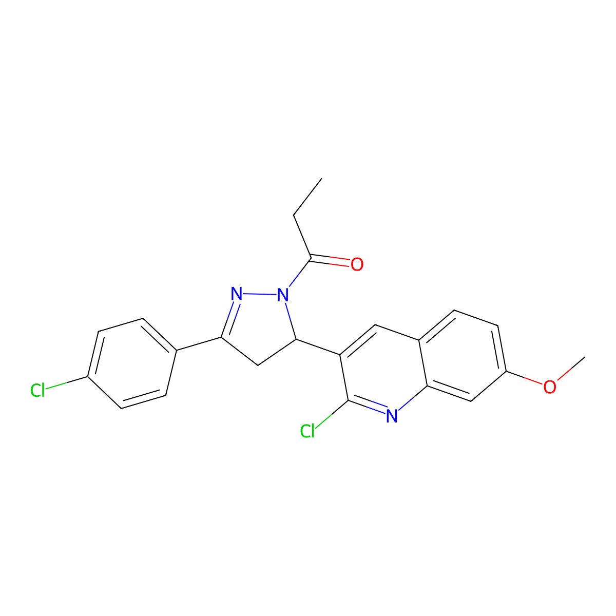 1-(5-(2-chloro-7-methoxyquinolin-3-yl)-3-(4-chlorophenyl)-4,5-dihydro-1H-pyrazol-1-yl)propan-1-one molecular structure, CAS 442649-43-6